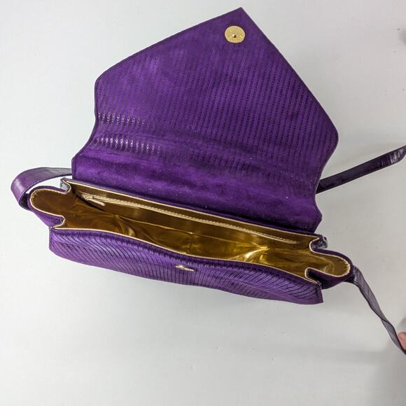 Bruno Magli Purple Purse Italian Leather Suede Gold Plum Shoulder Evening Bag - Picture 9 of 16